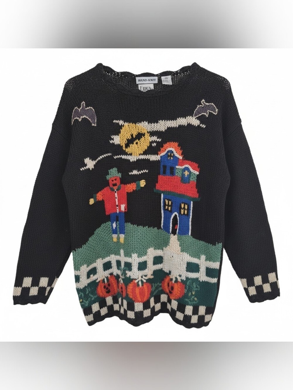 Erika Black Halloween Scene Knit Sweater with Colorful Motifs